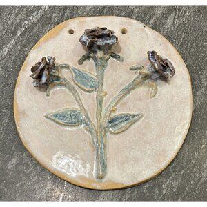 Handmade Art Pottery Wall Art Plaque Decor Roses Flowers Cottagecore 9” Diameter
